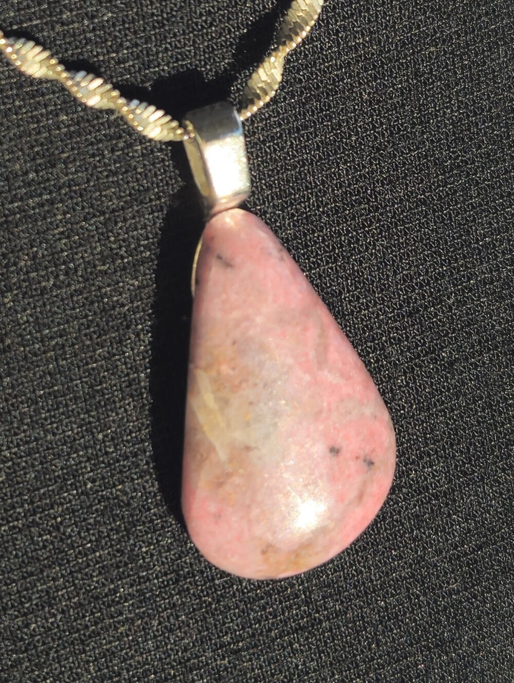 Pink Rhodonite Teardrop Necklace on Twisted Sterling 18in Chain